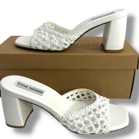 Steve Madden White Woven Heels Size 7 Slip On Mules Rafia Boho Beach Sandals - Picture 5 of 12